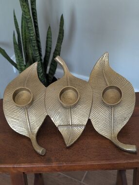 Vintage Triple Leaf Tea Light Candle Holder Bronze Gold